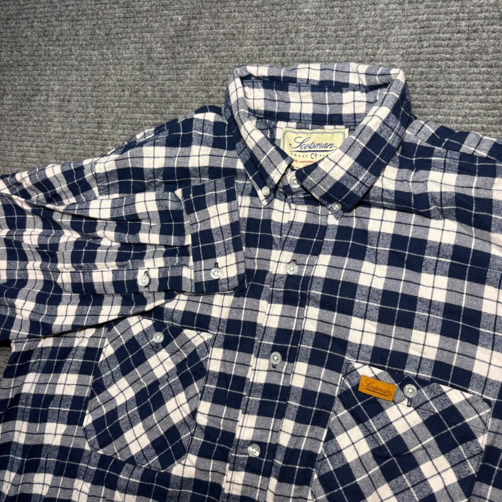 Scotsman Co Mens XL Navy Blue White Plaid Flannel Button Down Workwear Shirt USA